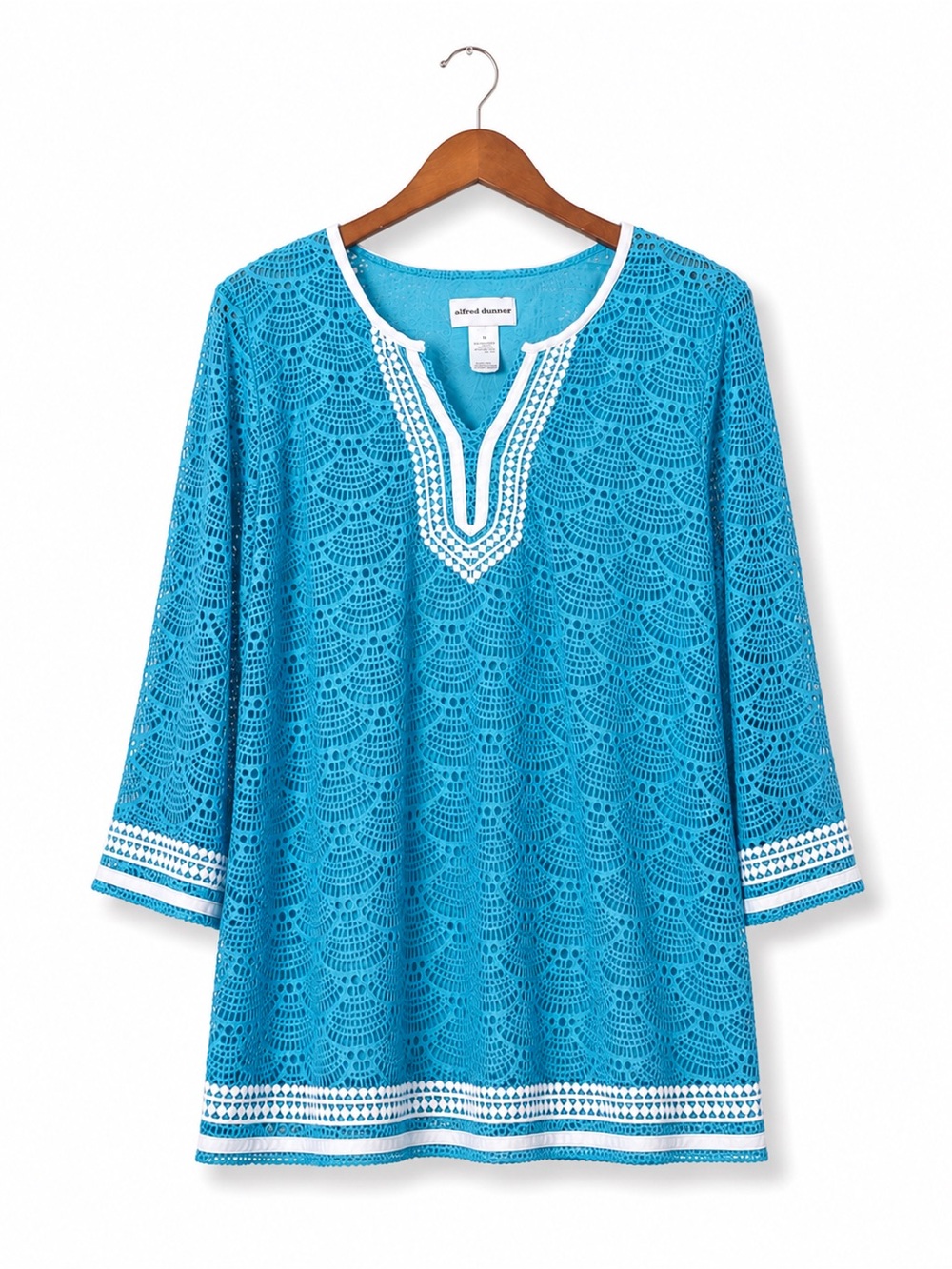 Turquoise Crochet Lace Tunic Top XL Boho Coastal Resort Wear Alfred Dunner